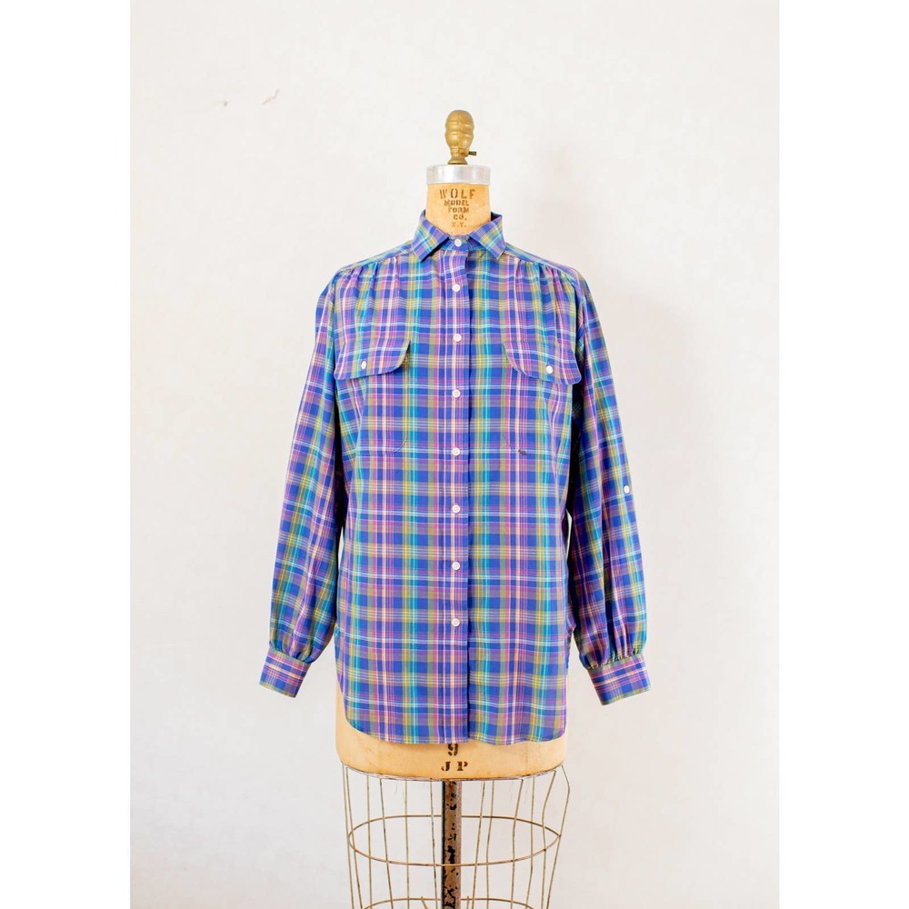 Vintage 80s prairie style, purple plaid button down shirt, women's small med​